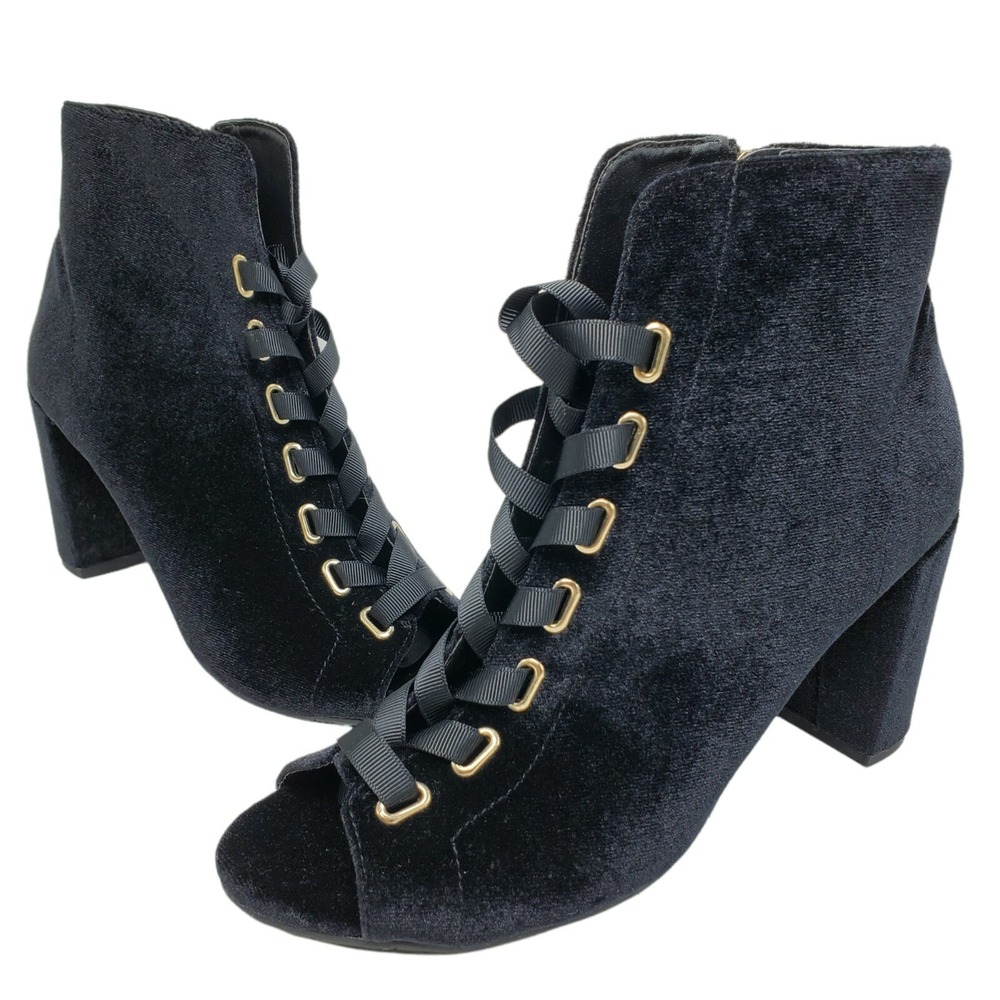 Kenneth Cole Reaction Black Velvet Lace-Up Peep-Toe Ankle Booties